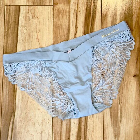 NWT (XL) Victoria’s Secret Luxe Bikini Panty - Light Blue with Sheer Lace Back - Picture 3 of 11